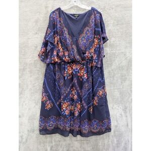 Chaya Dress‎ Womens 24W Blue Floral Boho Chiffon Wrap Fit Flare V Neck Lined